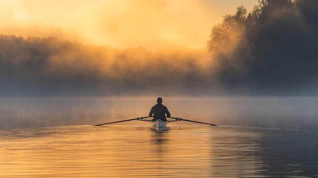 A single rower gliding through calm waters at sunrise, surrounded by mist and the soft glow of dawn