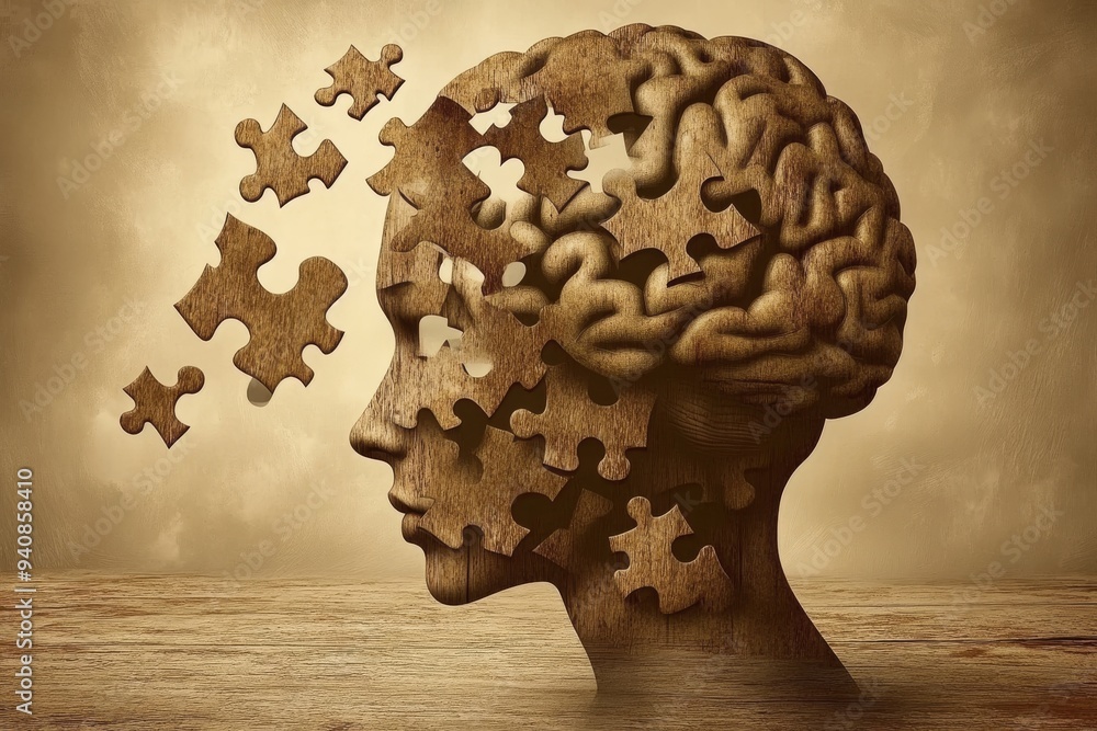Poster digital sculpture of a human head with puzzle pieces falling off: representing cognitive thought mem
