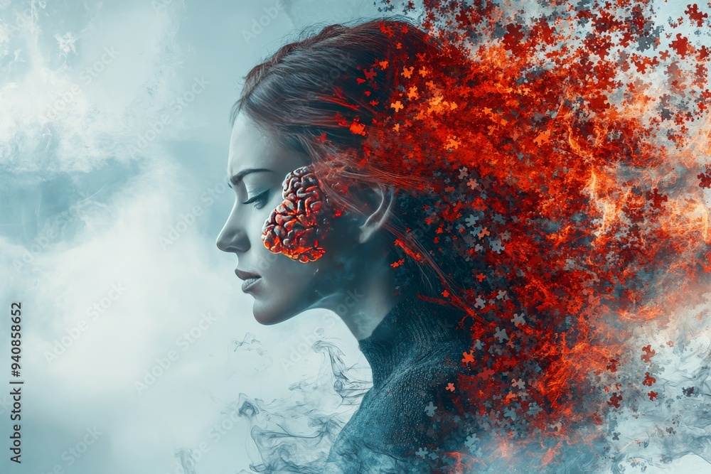 Poster abstract portrait of a woman with a face dissolving into the wind: exploring cognitive thought memor
