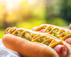 A close-up of hot dogs, mustard, and relish, classic American cuisine, summer picnic in the park, sunlight filtering through trees