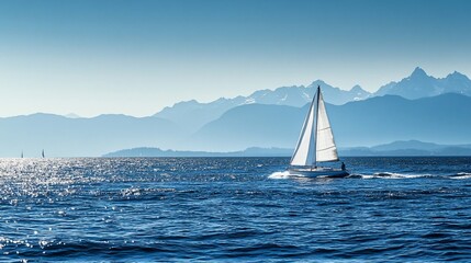 A lone sailboat navigating through gentle waves, with a backdrop of distant mountains under a clear blue sky