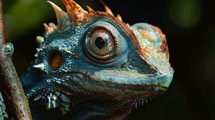 Fototapeta premium A tight shot of a lizard's face, foregrounded by a tree branch, background subtly blurred