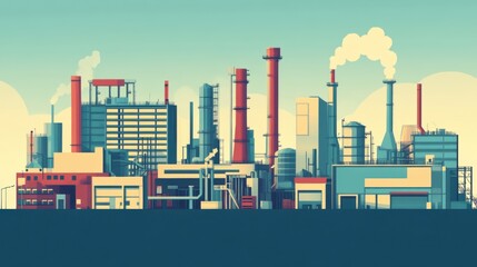 Industrial complex with smokestacks and machinery.