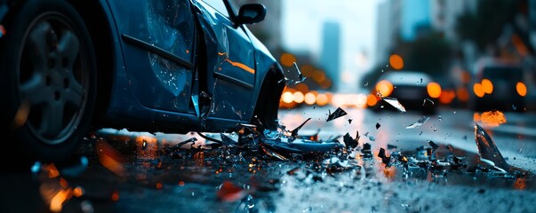 A dramatic image of a blue car wreckage in the middle of a city street, with shattered glass and debris everywhere, powerfully conveying the dangers of reckless driving