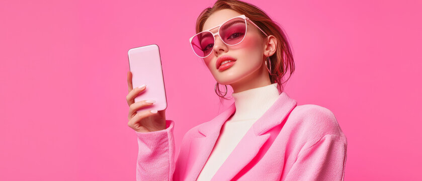 A fashionable woman displaying a smartphone against a soft pink background, embodying influencer marketing, trendy social media aesthetics
