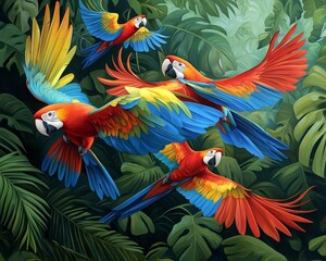 Obraz premium A group of parrots with brilliantly colored wings flying through a tropical jungle, surrounded by dense, green foliage and a lively atmosphere