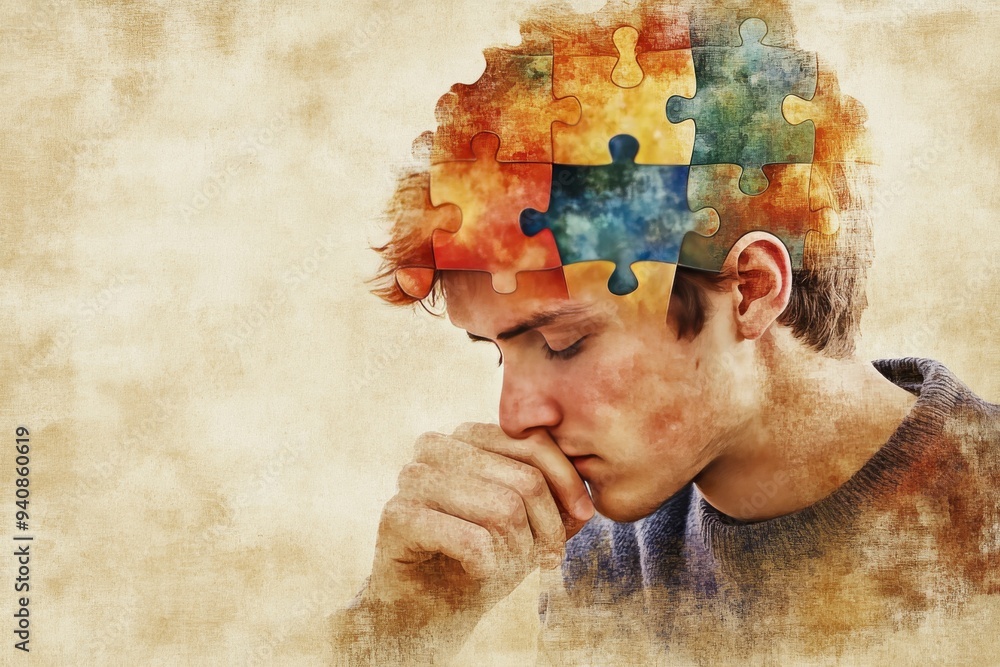 Poster Abstract Portrait of a Man with Puzzle Pieces and a Thoughtful Expression: Exploring Cognitive Thought Memory and the Complex Nature of Human Emotions