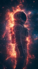 Astronaut Exploring Vast Galaxy: Futuristic Spaceship Interior with Massive Illumination Device. Cosmic Adventure in Unknown Universe. Astronomy, Cosmology, and Metaverse Concept for Web Design, Marke