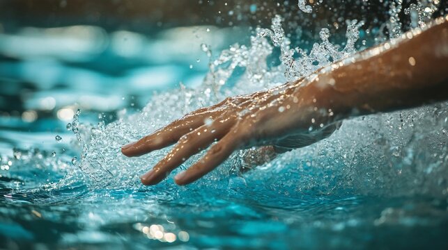 A close-up of a swimmer's hand entering the water, showcasing the technique and form, with a soft color backdrop