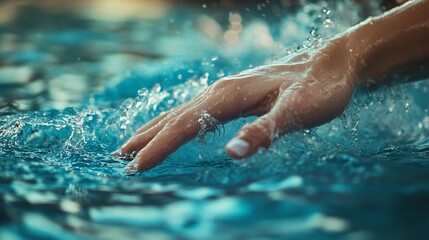 A close-up of a swimmer's hand entering the water, showcasing the technique and form, with a soft color backdrop
