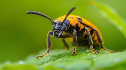  A tight shot of a yellow and black insect perched on a wet green leaf, its wings dotted with water droplets