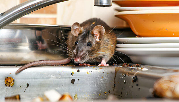Rat near kitchen sink with dirty dishes. Pest control