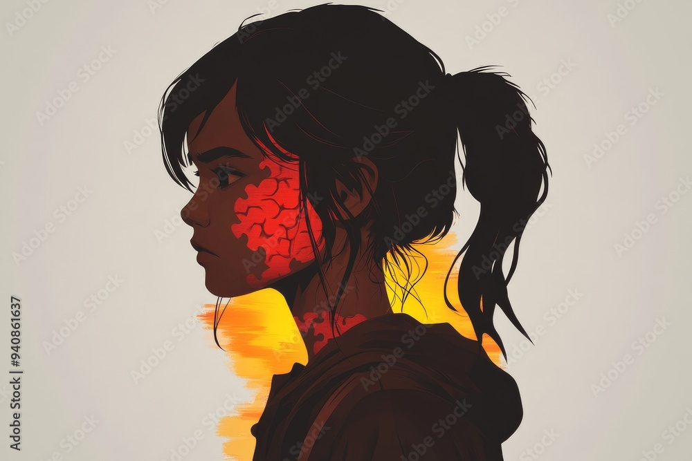 Poster abstract portrait of a woman with a fragmented face in a red and yellow background: exploring cognit