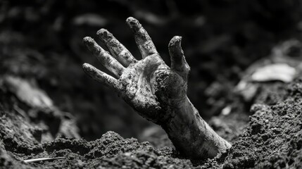 Zombie hand rising from grave, grasping at air in haunting black and white image