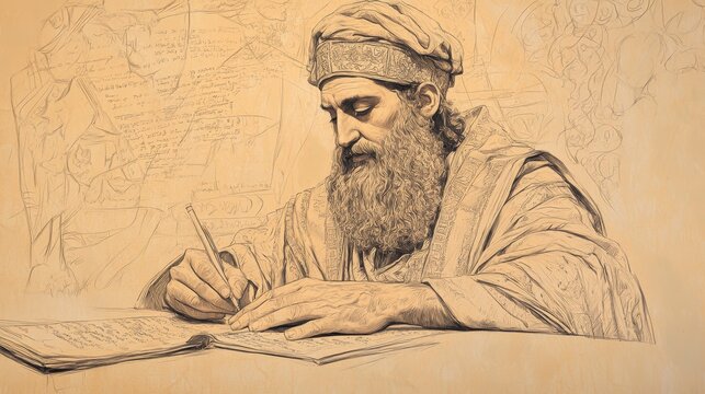 The Wisdom of Solomon: Writing Proverbs and Songs, with Scribes and Scrolls Nearby, 1 Kings Biblical Art, Beige Background