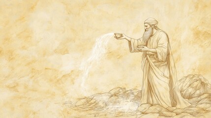 Fototapeta premium Elijah Taken Up to Heaven: Bible Wall Art Depicting Elisha Purifying the Water at Jericho with Salt as His First Miracle, Biblical Illustration on Beige Background