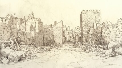 Fototapeta premium Jerusalem’s Fall and Exile: Biblical Depiction of Desolate Streets and Rubble Symbolizing the City’s Destruction, Beige Background