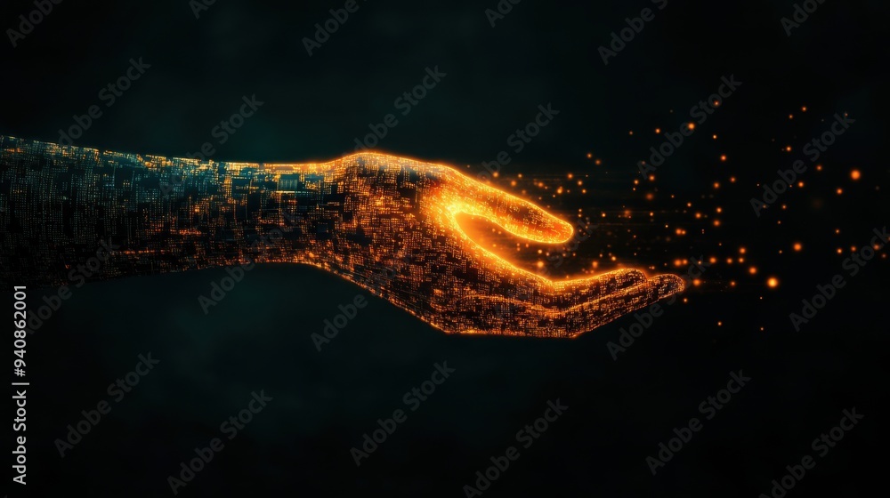 Poster enhanced cybersecurity: cybernetic hand securing data streams in futuristic technology concept