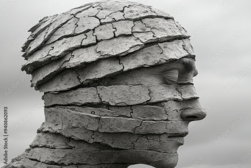 Poster abstract portrait of a man with a cracked face: exploring cognitive thought memory and the fragmente