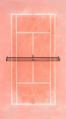 An overhead shot of a tennis court with lines and a net, set against a light solid color background for emphasis