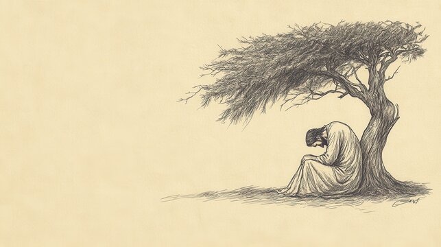 Elijah&rsquo;s Despair: Seeking Refuge Under a Broom Tree, Praying for Death, 1 Kings Biblical Art, Beige Background