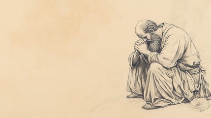 Fototapeta premium The Reign of Manasseh and Amon: Manasseh’s Heartfelt Repentance and Prayer for Forgiveness in Captivity, 2 Kings Biblical Art, Beige Background