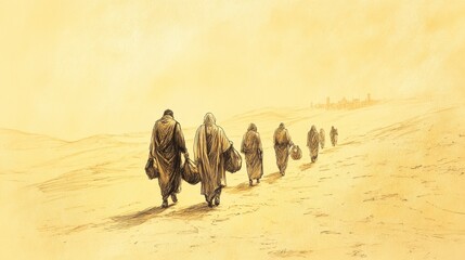 Fototapeta premium The Fall of Jerusalem and the Exile: Bible Wall Art Depicting Exiles on a Dusty Road to Babylon, Biblical Illustration on Beige Background