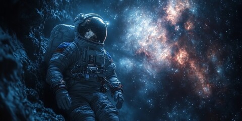 Fototapeta premium Astronaut Exploring Vast Galaxy: Futuristic Spaceship Interior with Massive Illumination Device. Cosmic Adventure in Unknown Universe. Astronomy, Cosmology, and Metaverse Concept for Web Design, Marke