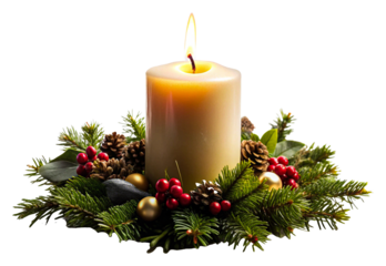 Candle centerpiece with greenery & berries isolated on transparent background
