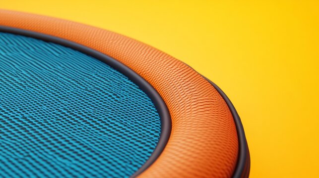 A vibrant trampoline set against a light solid color background, showcasing its texture and construction details