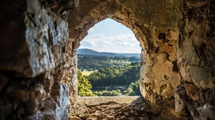 A close-up of a castle's watchtower window, framed by crumbling stone, with the distant landscape visible