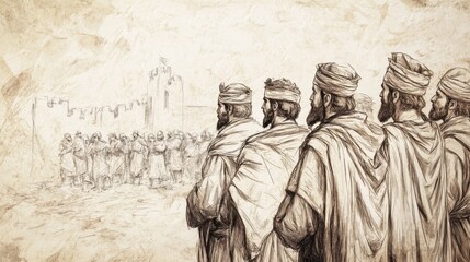 Fototapeta premium The Siege Lifted and Fall of Samaria in 2 Kings: Captive Survivors Reflecting on Prophecy, A Scene of Fate and Reflection, Beige Background Bible Wall Art