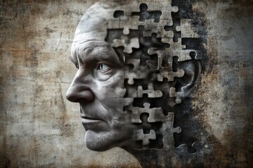 Vintage Portrait of an Elderly Man with Puzzle Pieces Falling from His Head: Representing Cognitive Decline Memory Loss and the Fragmented Nature of Thought