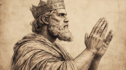 Fototapeta premium Solomon’s Prayer for Wisdom and Guidance at the Beginning of His Reign, 1 Kings Biblical Art, Beige Background