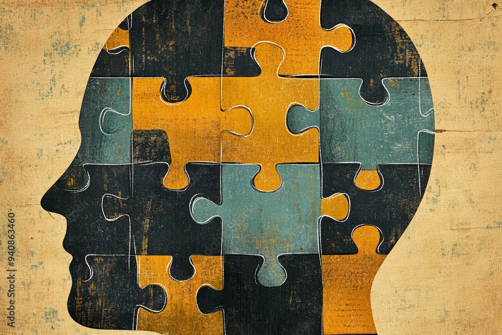 Poster abstract silhouette of a human head with puzzle pieces: representing cognitive thought memory and th