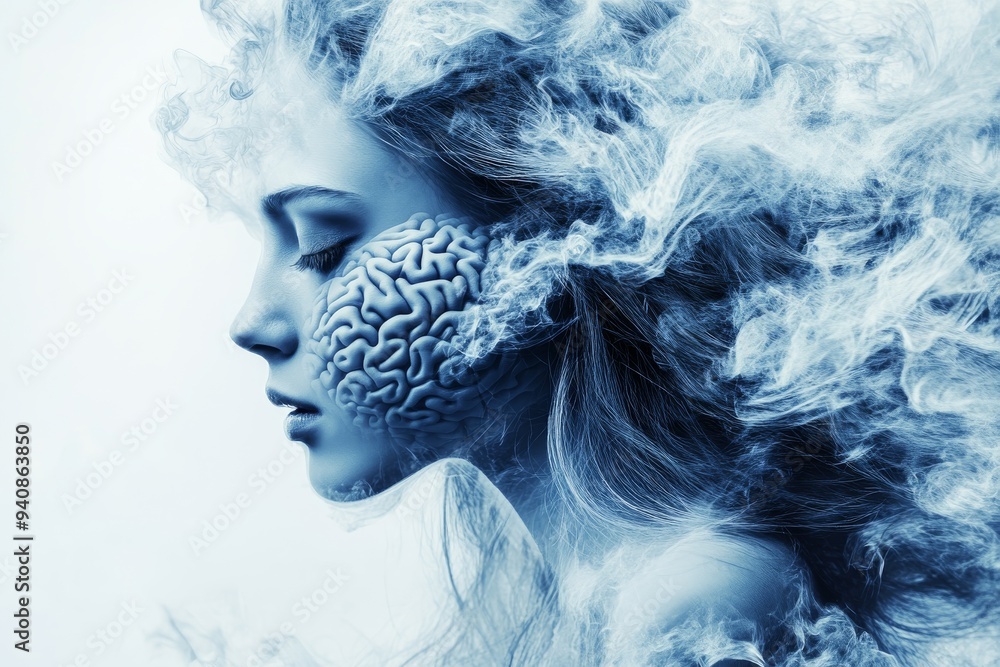Poster abstract portrait of a woman with a face dissolving into the wind: exploring cognitive thought memor
