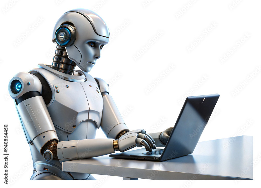Poster robot typing on a laptop at a modern workstation isolated on transparent background