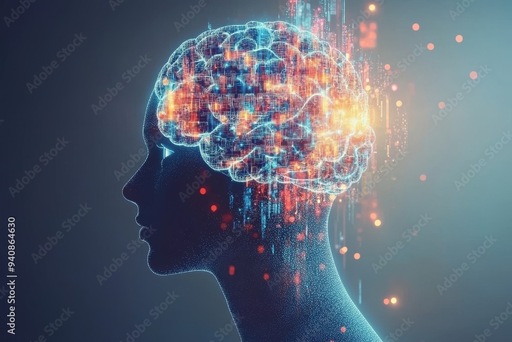 Poster digital portrait of a woman with a glowing brain in a high tech setting: representing cognitive thou