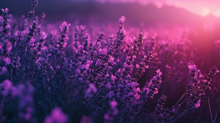 Obraz premium A field of lavender flowers with the sun setting in the background and the sky tinting shades of pink and orange behind