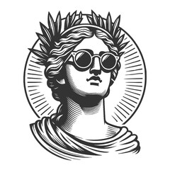 classical woman statue with sunglasses and a laurel wreath, ancient art modern fashion sketch engraving generative ai fictional raster illustration. Scratch board imitation. Black and white image. © Oleksandr Pokusai