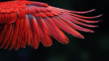 Obraz premium Close-up of a red bird's spread wings against a black backdrop