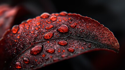  A close-up of a red leaf with water droplets on its surface The leaves are dotted with water beads