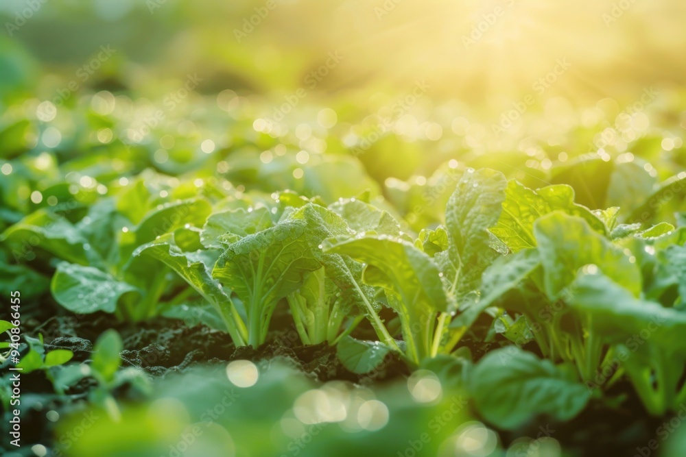 Poster a field of crisp green lettuce with sunlight shining in the background, ideal for use as a backgroun