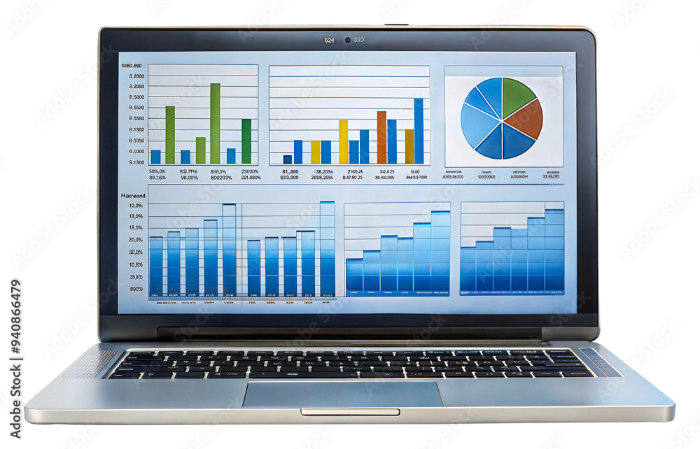 Wall mural daytime laptop with business analytics isolated on transparent background