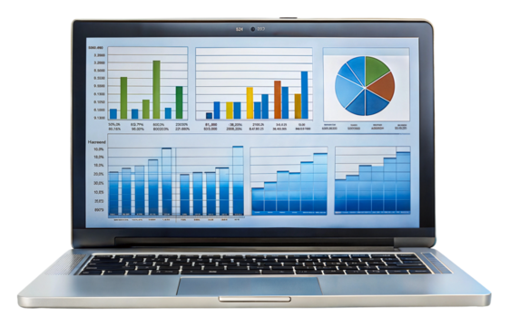 Daytime laptop with business analytics isolated on transparent background