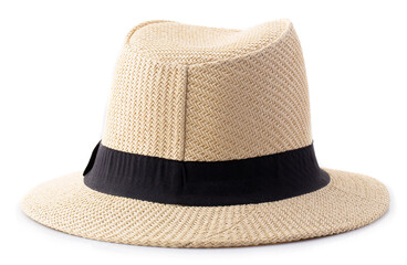 Vintage Straw hat with black ribbon for man isolated over white background.