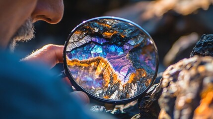 A close-up of a person examining a colorful rock with a magnifying glass, showcasing the intricate details of the mineral structure