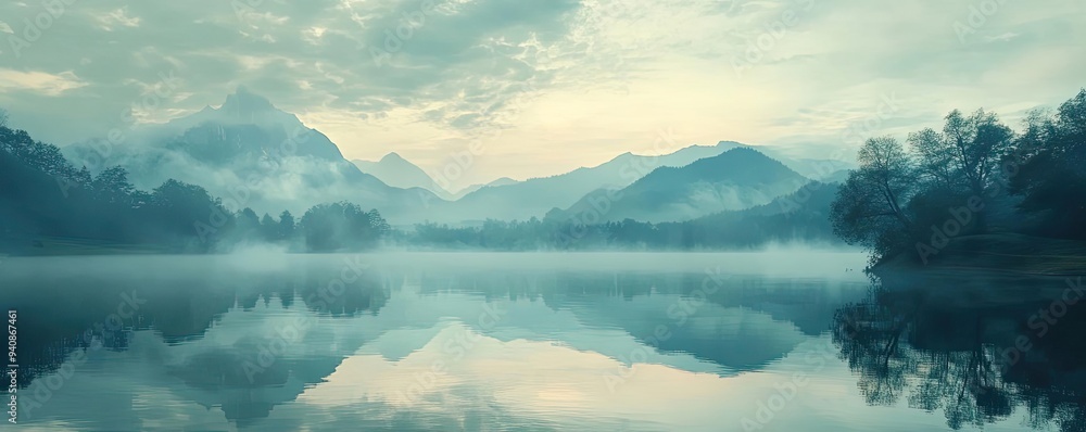 Aufkleber serene landscape featuring mountains and mist reflecting on a calm lake, creating a tranquil and pea