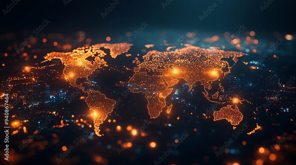 Poster a glowing digital map of the world with glowing points of light.