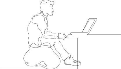 Continuous one line drawing a man works on a laptop. A programmer sits at a table and a computer. Work on the Internet online. One continuous line isolated minimal illustration.